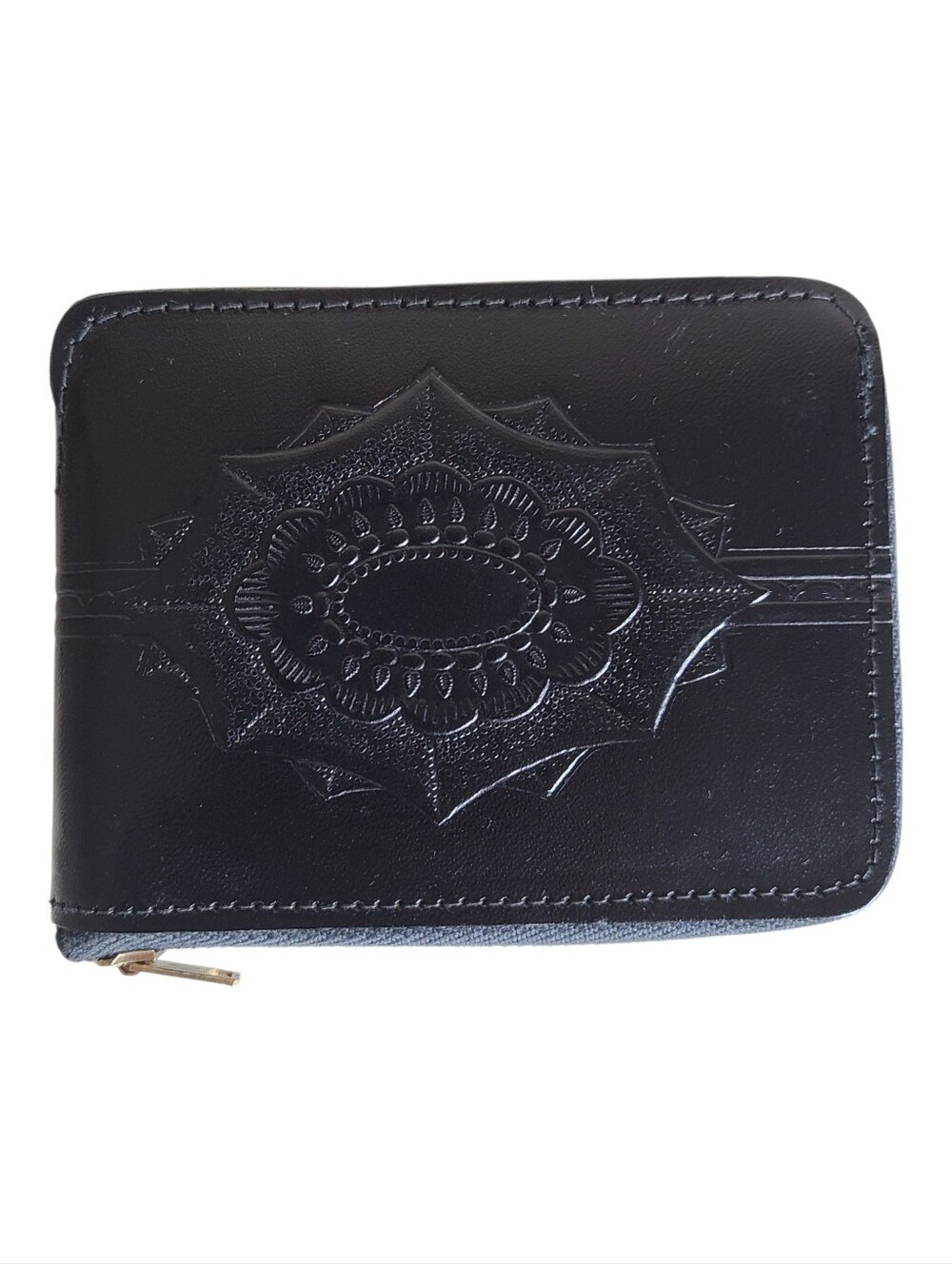 top grain cowhide embossed zip-around bifold wallet black